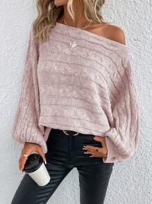 SHEIN Essnce Boat Neck Batwing Sleeve Cable Knit Sweater - Pink - View 7