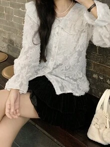 Solid Ruffle Trim Statement Collar Fuzzy Blouse,Long Sleeve Tops