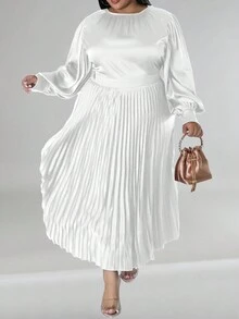 大碼素色百褶下擺緞面洋裝 - 白色 - 查看 3