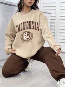 INAWLY Letter Graphic Drop Shoulder Sweatshirt & Sweatpants - Khaki - View 6