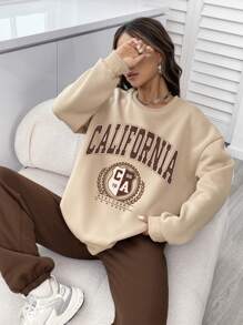 INAWLY Letter Graphic Drop Shoulder Sweatshirt & Sweatpants - Khaki - View 7