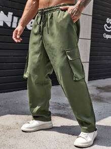 Manfinity LEGND Men's Plus Size Loose Cargo Pants With Flap Pockets And Elastic Drawstring Waist - Black - View 3