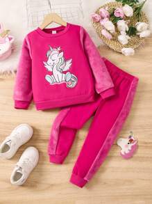 SHEIN Cô Gái Trẻ Kỳ lân in Teddy Tay áo Áo chui đầu Và Quần thể thao - Màu Hồng Tươi - Xem 1