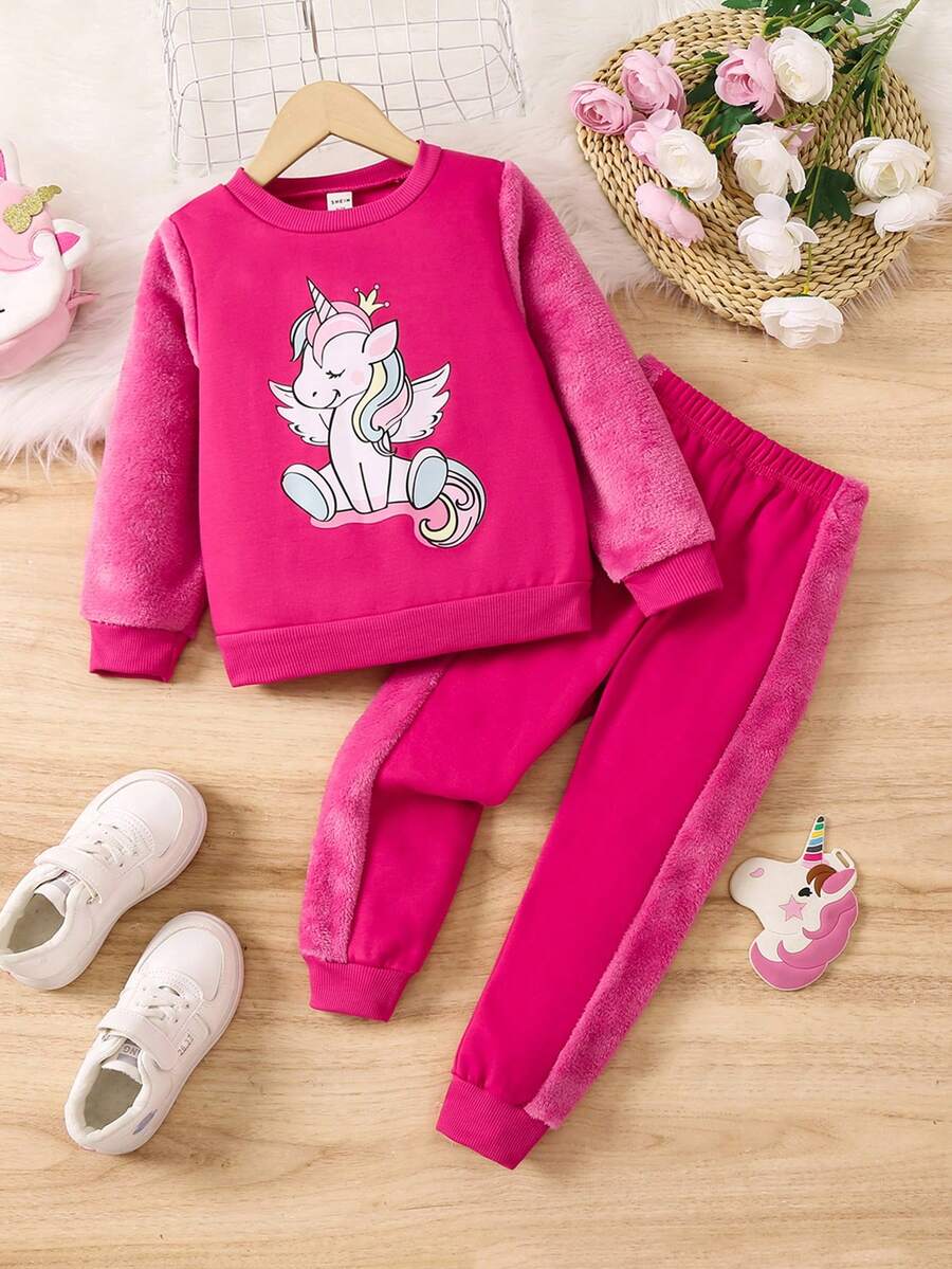 SHEIN Cô Gái Trẻ Kỳ lân in Teddy Tay áo Áo chui đầu Và Quần thể thao - Màu Hồng Tươi - Xem 1