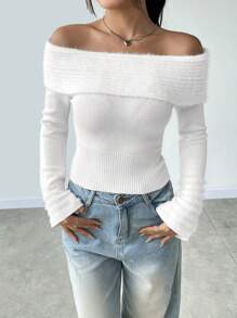 SHEIN Unity Gấp lại Off Shoulder Đồ đan Ribbed Áo len - trắng - Xem 3