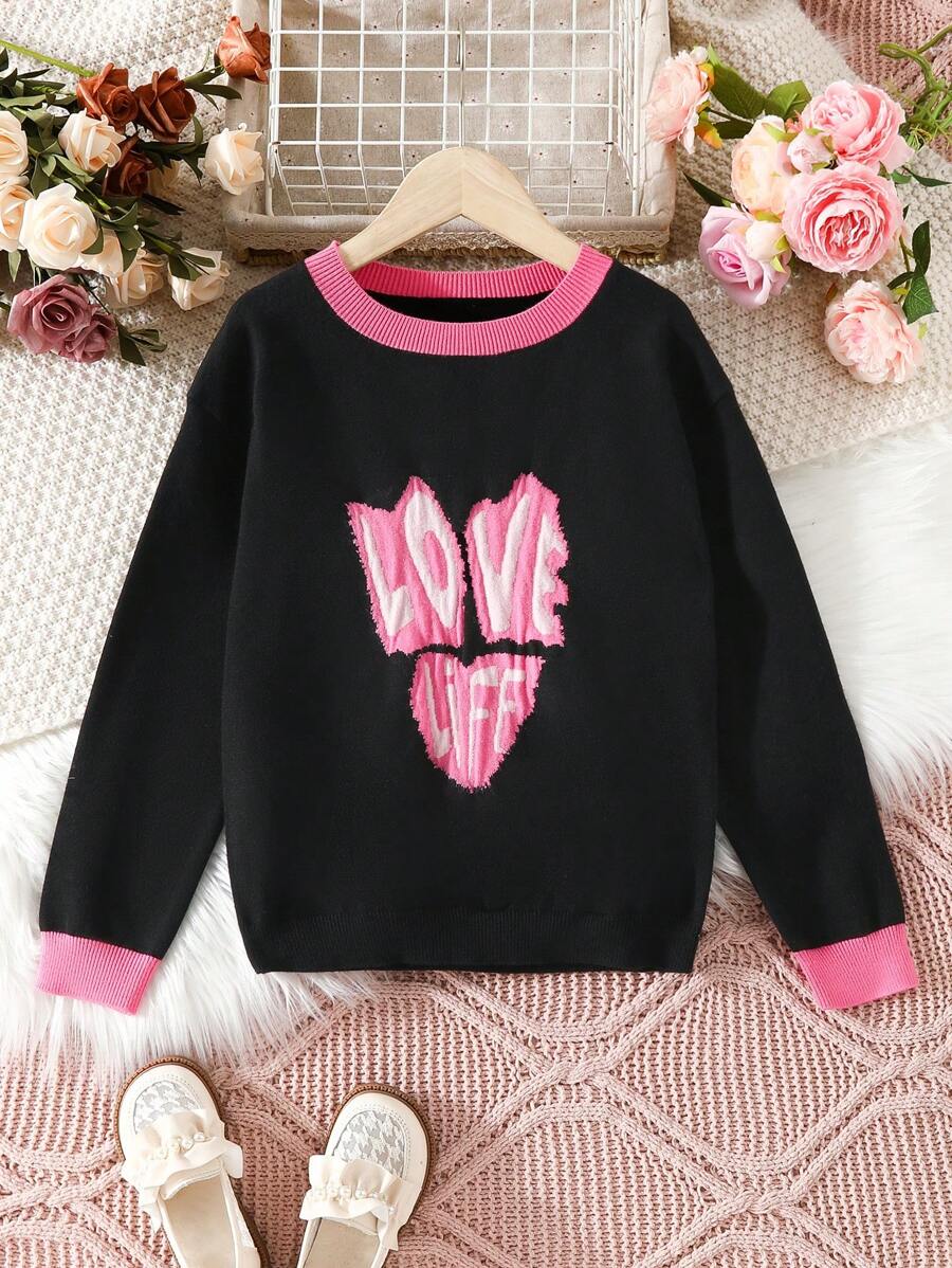 SHEIN Tween Girl Letter Pattern Contrast Trim Drop Shoulder Sweater