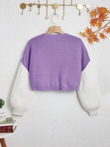 SHEIN Teen Girl Floral Patched Drop Shoulder Colorblock Cardigan - Mauve Purple - View 2