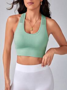 SHEIN Daily&Casual 素色工字運動型胸罩 - 綠色 - 查看 6