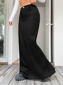 SHEIN EZwear Solid Maxi Straight Leg Skirt - Black - View 6