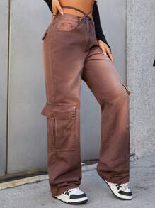 SHEIN ICON Flap Pocket Side Cargo Jeans - Coffee Brown - View 4