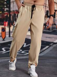 Manfinity Homme Men Plus Flap Pocket Side Drawstring Waist Cargo Pants - Khaki - View 1