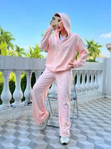 SHEIN Unity Zip Up Drop Shoulder Hoodie & Sweatpants - Pink - View 3