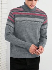 RueChic Men Geo Pattern Turtleneck Sweater - Grey - View 6