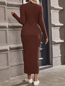 SHEIN Clasi 條紋針織開衫和針織裙 - 卡其色 - 查看 2