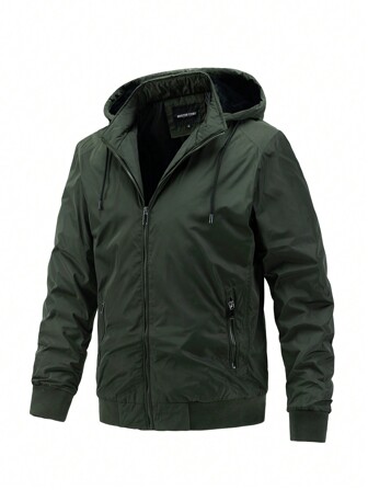 Men Zip Up Drawstring Hooded Jacket