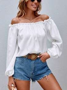 SHEIN VCAY Off Shoulder Frill Trim Lantern Sleeve Blouse - White - View 5