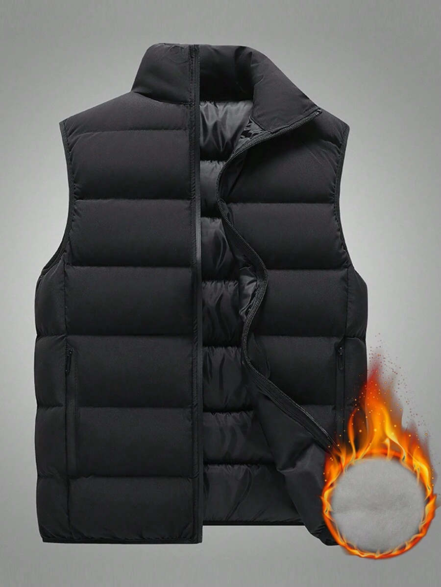Men 1pc Zipper Front Vest Padded Coat - Black - View 1