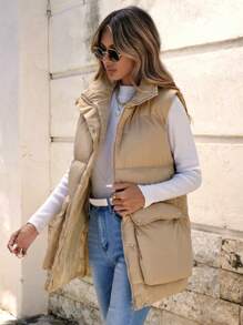 SHEIN Cottnline Flap Pocket Puffer Vest Coat - Apricot - View 5