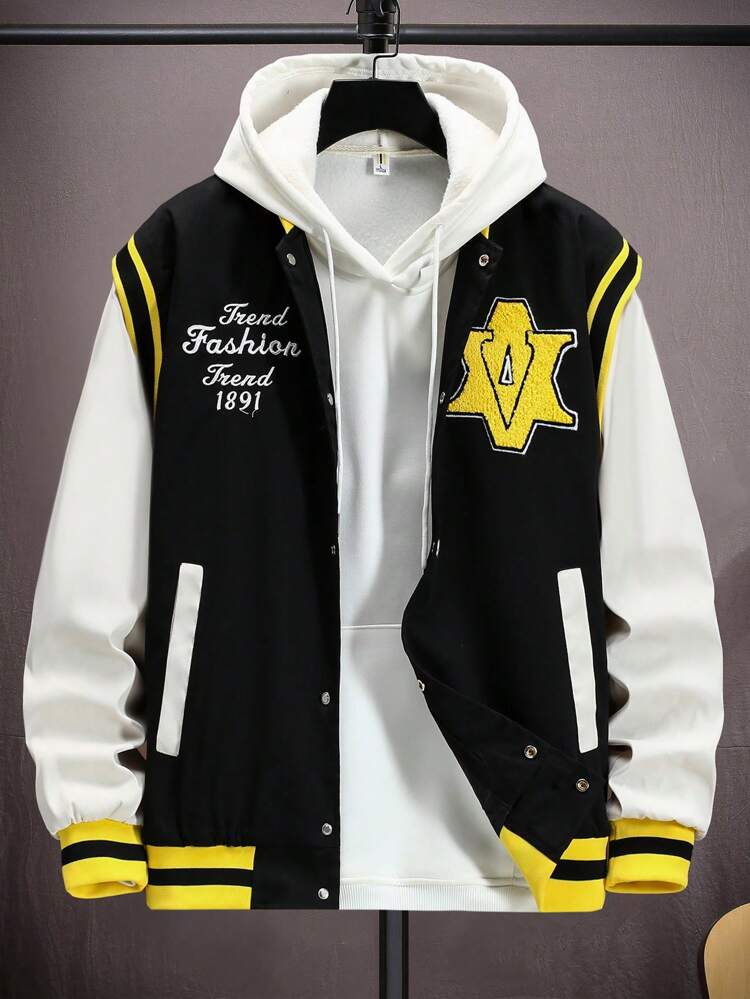 Loose Fit Men's Varsity Jacket With Letter Embroidery And Striped Trims, Without Hoodie