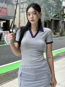 DAZY Viền tương phản Áo thun - Xám - Xem 4