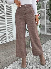 EMERY ROSE In kẻ sọc Nút Bay Tweed Quần ống rộng - Nhiều màu - Xem 2