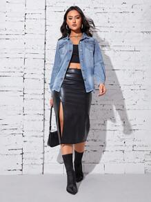 SHEIN Privé Top en mezclilla con bolsillo con solapa con botón delantero - Lavado ligero - Ver 3