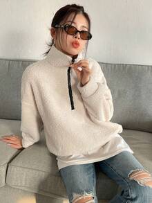 SHEIN Unity 半拉鏈落肩袖絨毛運動衫不帶T恤 - 杏色 - 查看 5