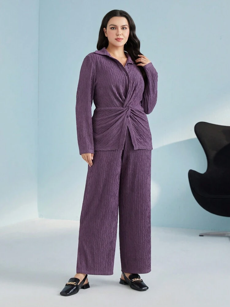 Plus Twist Front Shirt & Wide Leg Pants 2 Piece Set