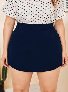 SHEIN Privé 大碼高腰紐扣細節裙裤 - 藏蓝色 - 查看 4