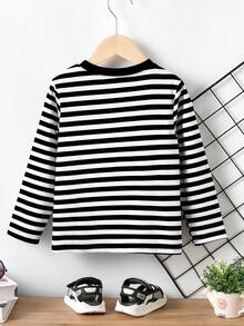 SHEIN Young Boy Striped Print Pocket Patched Tee - Black - View 2