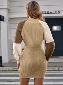 SHEIN Clasi Khối màu Tay Raglan Thắt lưng Đầm Áo len - Cà phê nâu - Xem 2