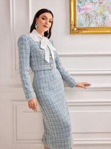 Modelyn 1 件方领格子粗花呢夹克和 1 件裙子套装 2 件套 - 藍色 - 查看 3