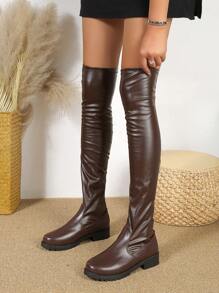 女性時尚圓頭過膝靴子帶粗跟,騎士風格,多用途適用於緊身腿,長款抹胸靴子,秋天&冬天