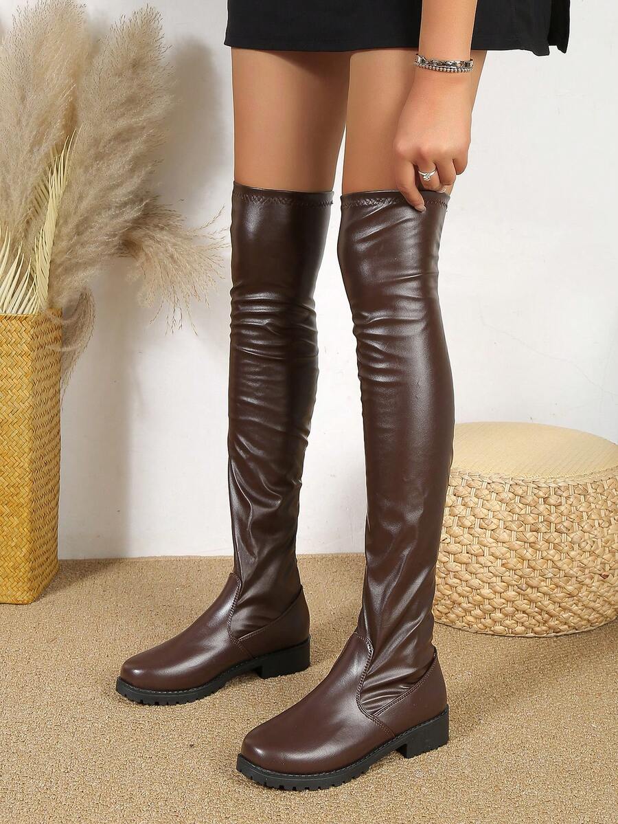 女性時尚圓頭過膝靴子帶粗跟,騎士風格,多用途適用於緊身腿,長款抹胸靴子,秋天&冬天