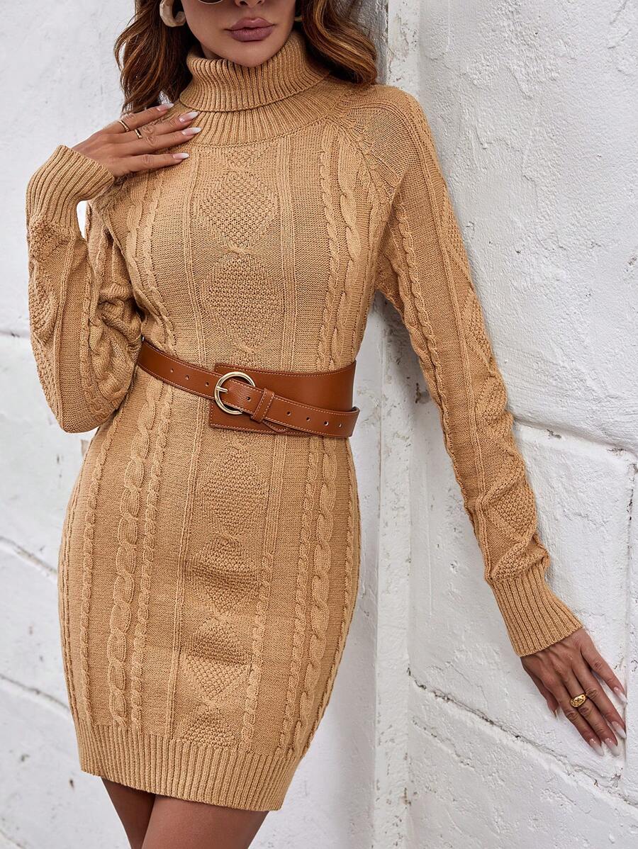 SHEIN Clasi Turtleneck Raglan Sleeve Cable Knit Sweater Dress Without Belt - Khaki - View 1