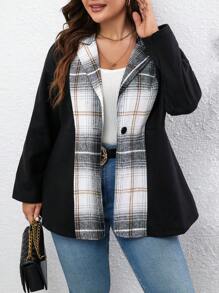 SHEIN Unity Plus Plaid Print Drop Shoulder Overcoat - Black - View 3