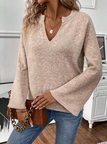 SHEIN LUNE Jersey de punto con cuello en pico y mangas de trompeta, suéter de otoño e invierno - Albaricoque - Ver 3