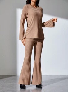 SHEIN Tall 素色開衩袖T恤&喇叭褲 - 卡其色 - 查看 3