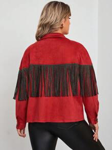 SHEIN LUNE Talla grande Cazadora ribete con fleco con botón delantero - Burdeos - Ver 3