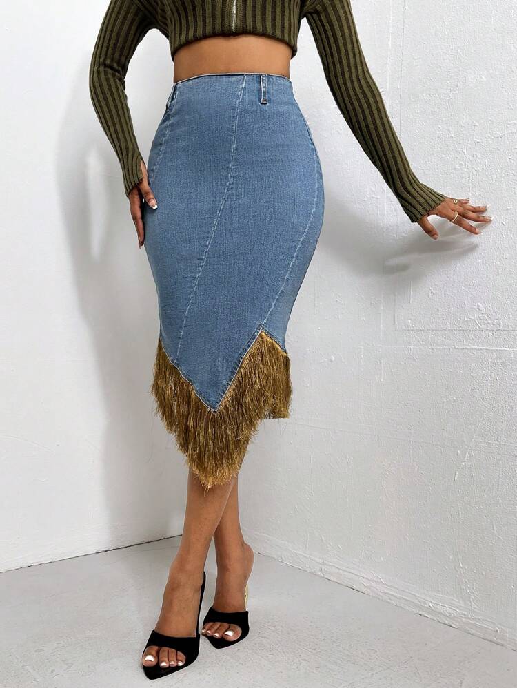 Women's Fringe Denim Skirt With Patchwork Design
