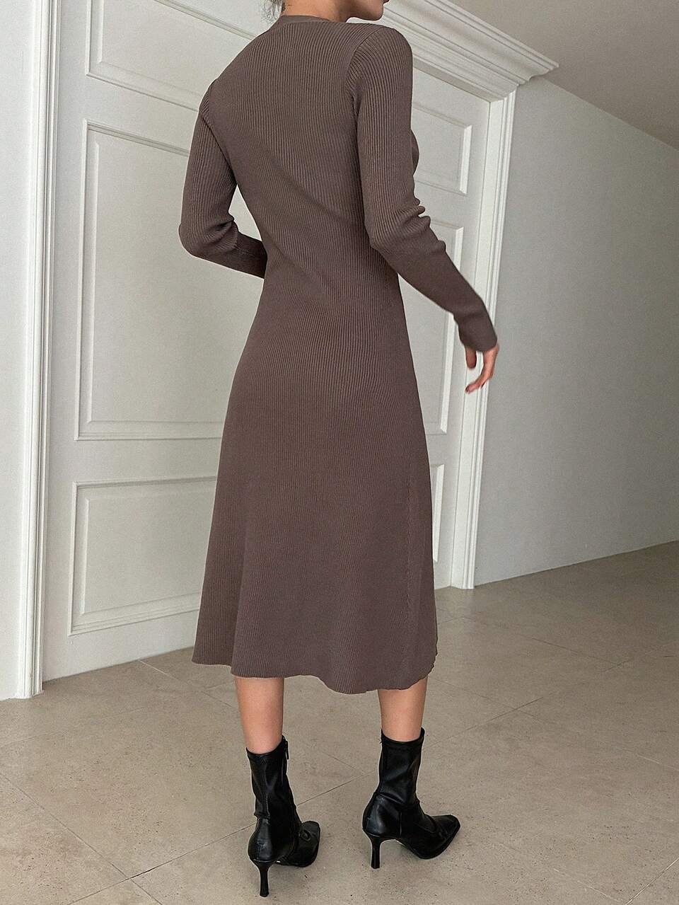 Solid Twist Front Ribbed Knit Sweater Dress,Fall Women Clothes