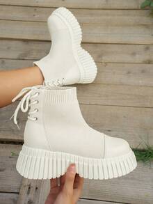女性極簡風格套頭衫針織靴子時尚繫帶素色女性靴子