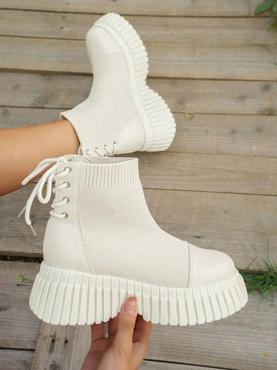 女性極簡風格套頭衫針織靴子時尚繫帶素色女性靴子