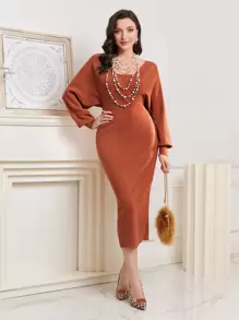 Modelyn Solid Batwing Sleeve Sweater Dress - Redwood - View 1