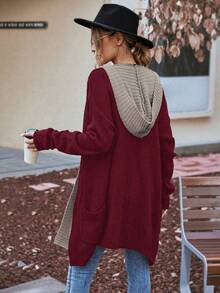 SHEIN LUNE Túi Kép Thả vai Mở Mặt trước áo có mũ Áo len Mở - Màu Đỏ Sâu - Xem 2