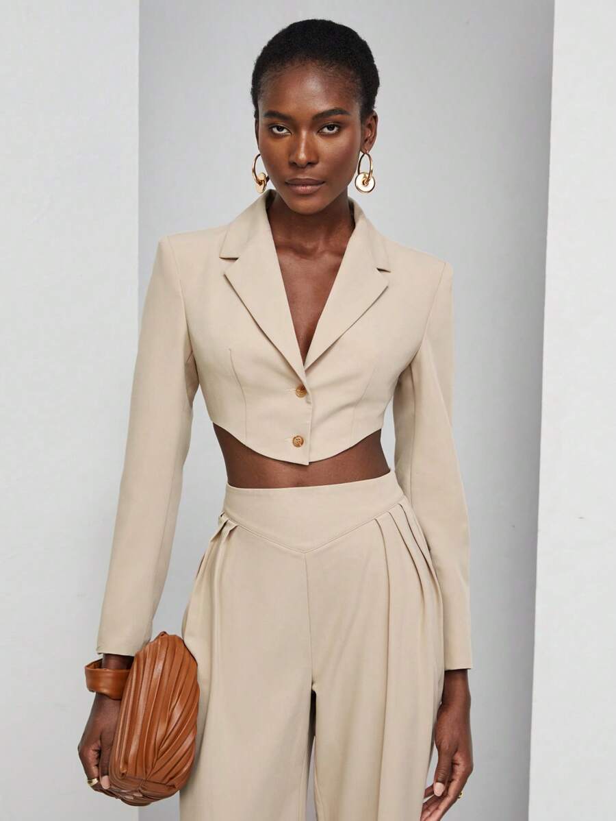 SHEIN Privé Cổ áo Crop Blazer - Màu Khaki - Xem 1