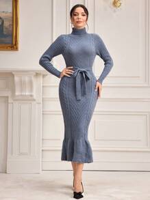 Modelyn 高領魚尾裙下擺腰帶毛衣洋裝 - 霧霾藍 - 查看 1