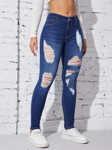 破洞緊身牛仔褲 - 深色水洗藍 - 查看 5