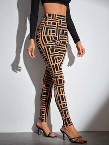 SHEIN Tall Geo Print Slant Pocket Leggings - Khaki - View 5