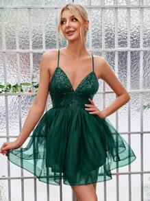 Faeriesty 优雅的深 V 领盛开的薄纱礼服，配有精致的细肩带和后背系带细节，女士正式晚礼服，配有闪亮的亮片刺绣 - 非常适合黑色领带晚会、婚宴、红毯活动、新娘肖像和豪华周年庆典 - 墨綠色 - 查看 4